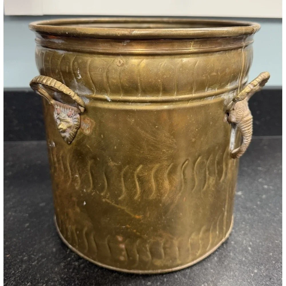 Vtg Brass Cachepot Jardiniere 4 Lion Elephant Head Ring Handles Planter 9